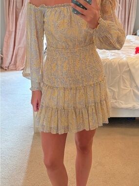 Hemline Boutique Smocked Off-Shoulder Yellow Floral Mini Dress